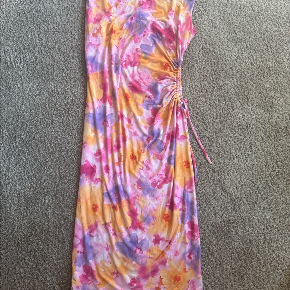 Lulu's Orange Pink One Shoulder Midi Dress
